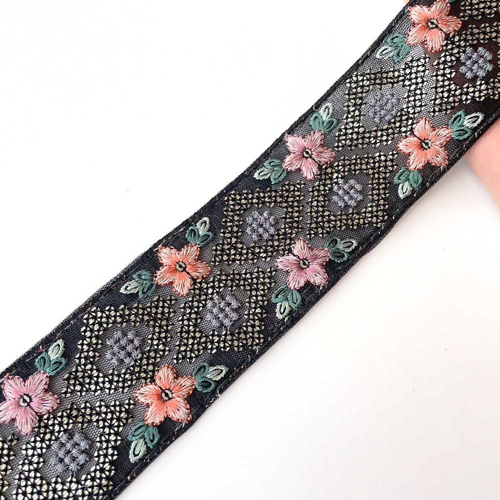 904 【 幅：5.5cm 】 インド刺繍リボン　ブラック　チュール　サーモン　パープル　グリーン