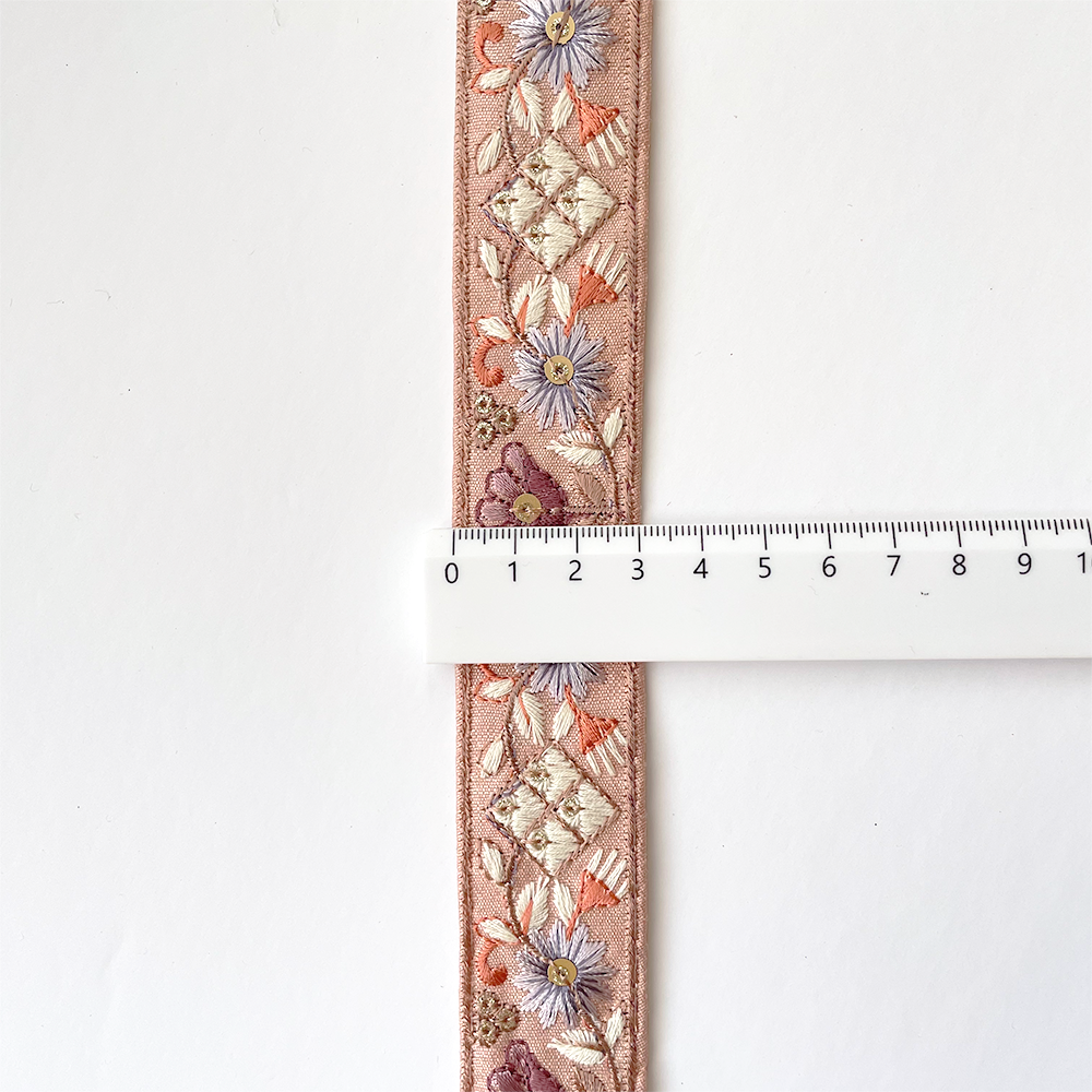 907 【 幅：3cm 】 インド刺繍リボン　サーモン　布地　パープル　ピンク