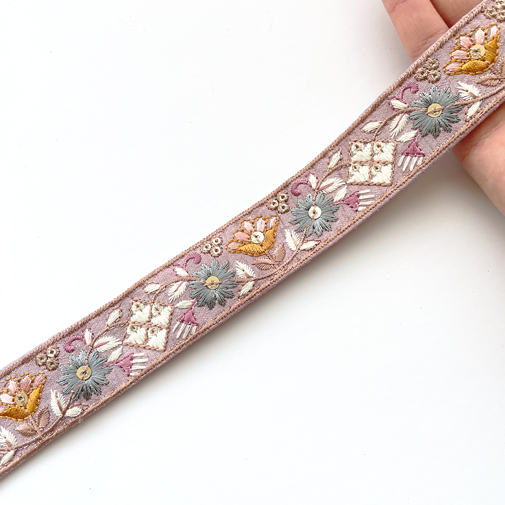 908 【 幅：3cm 】 インド刺繍リボン　パープル　布地　ブルー　オレンジ