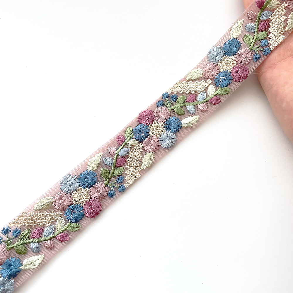 915 【 幅：3cm 】 インド刺繍リボン　パープル　チュール　ブルー　グリーン　ミント