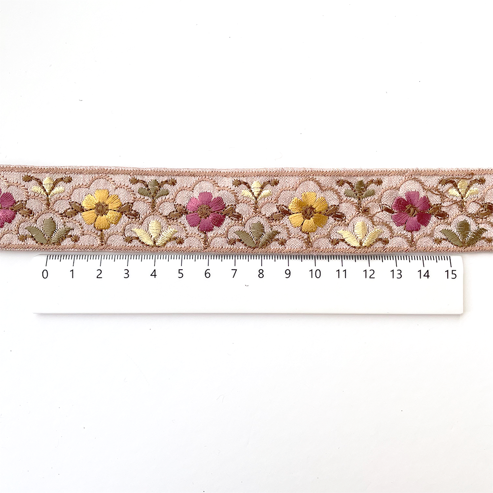 921 【 幅：3cm 】 インド刺繍リボン　パープル　布地　ローズ　マスタード　グリーン　ホワイト