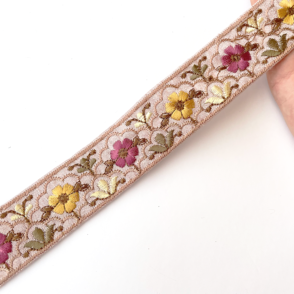 921 【 幅：3cm 】 インド刺繍リボン　パープル　布地　ローズ　マスタード　グリーン　ホワイト