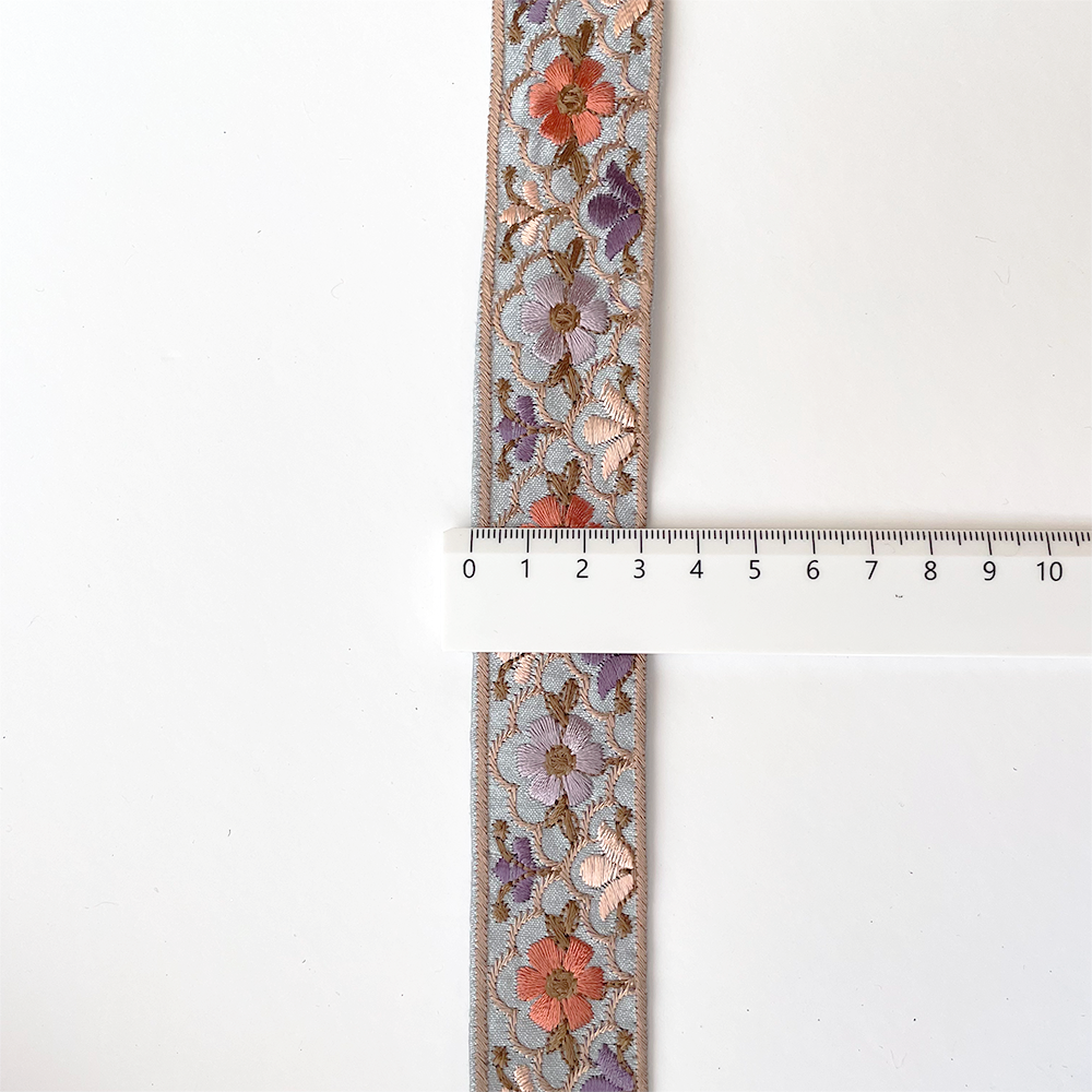 923 【 幅：3cm 】 インド刺繍リボン　ブルー　布地　サーモン　パープル　クリーム