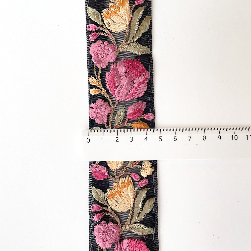 925 【 幅：4.5cm 】 インド刺繍リボン　ブラック　チュール　ピンク　イエロー　グリーン