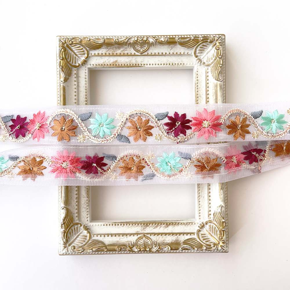 927 【 幅：2.5cm 】 インド刺繍リボン　ホワイト　ベビーブルー　チュール　ブラウン　ピンク　ミント