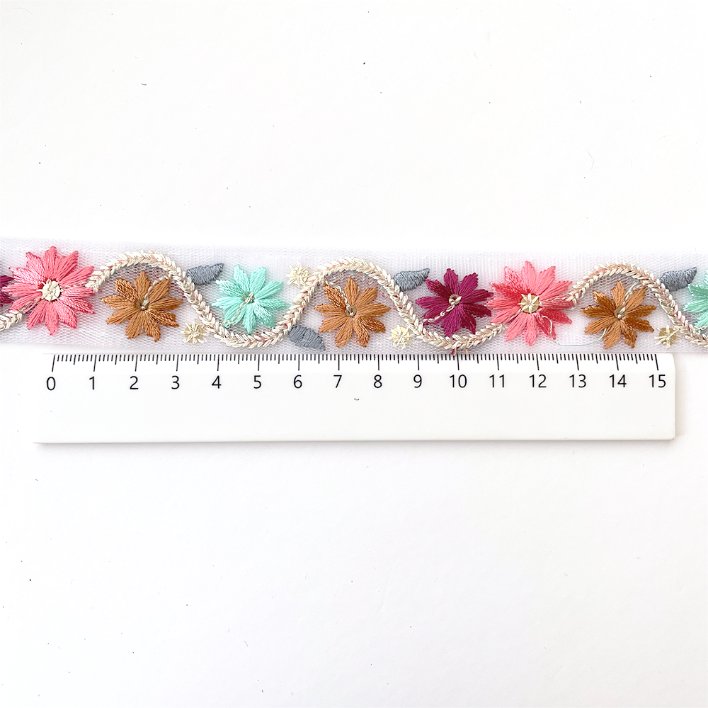 927 【 幅：2.5cm 】 インド刺繍リボン　ホワイト　ベビーブルー　チュール　ブラウン　ピンク　ミント