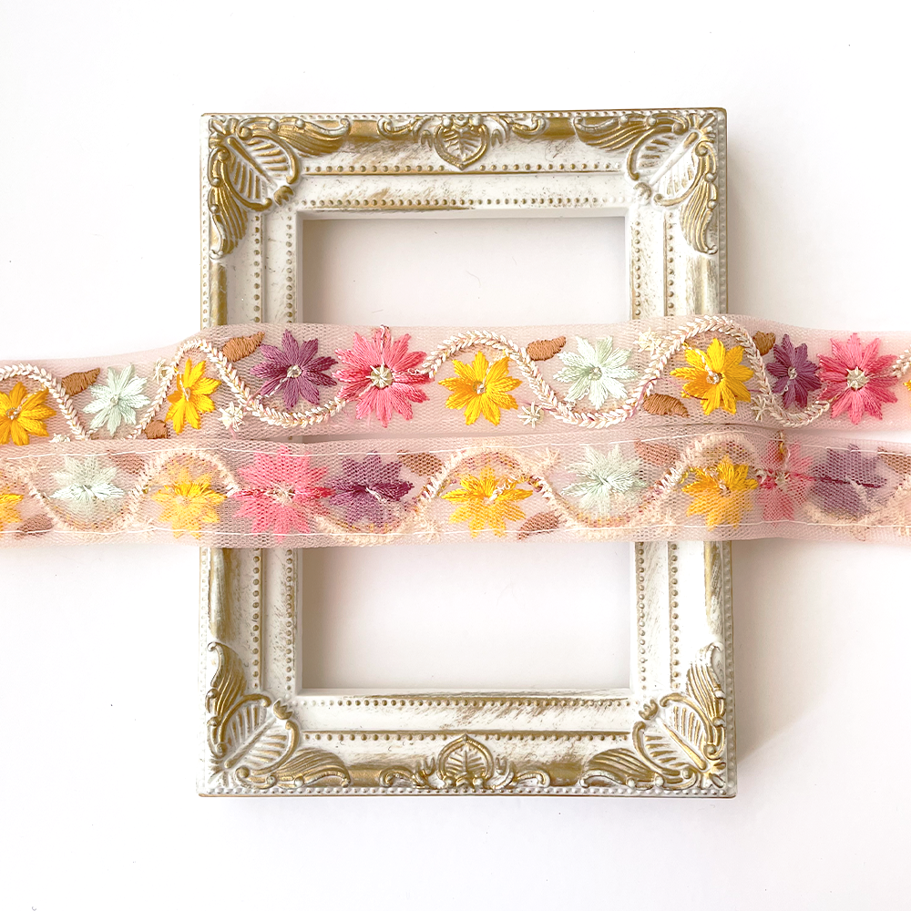 928 【 幅：2.5cm 】 インド刺繍リボン　ピンク　チュール　イエロー　パープル　ミント　ブラウン