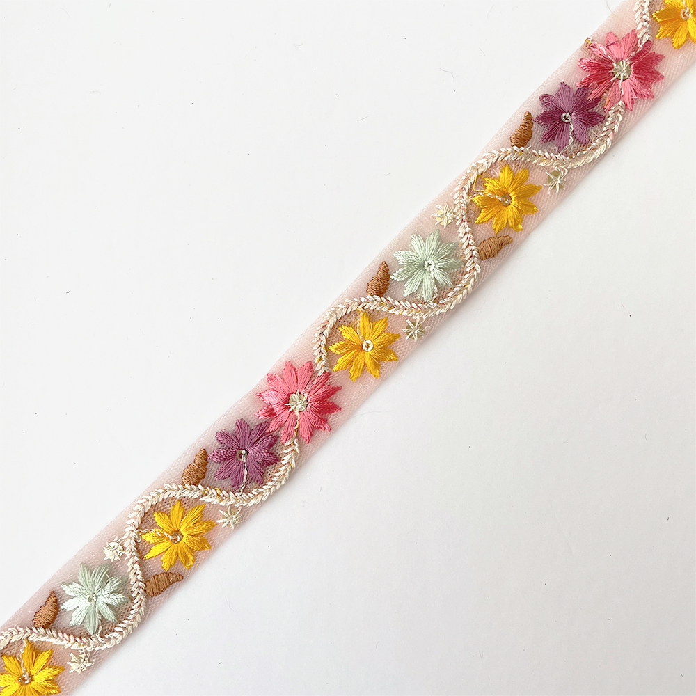 928 【 幅：2.5cm 】 インド刺繍リボン　ピンク　チュール　イエロー　パープル　ミント　ブラウン