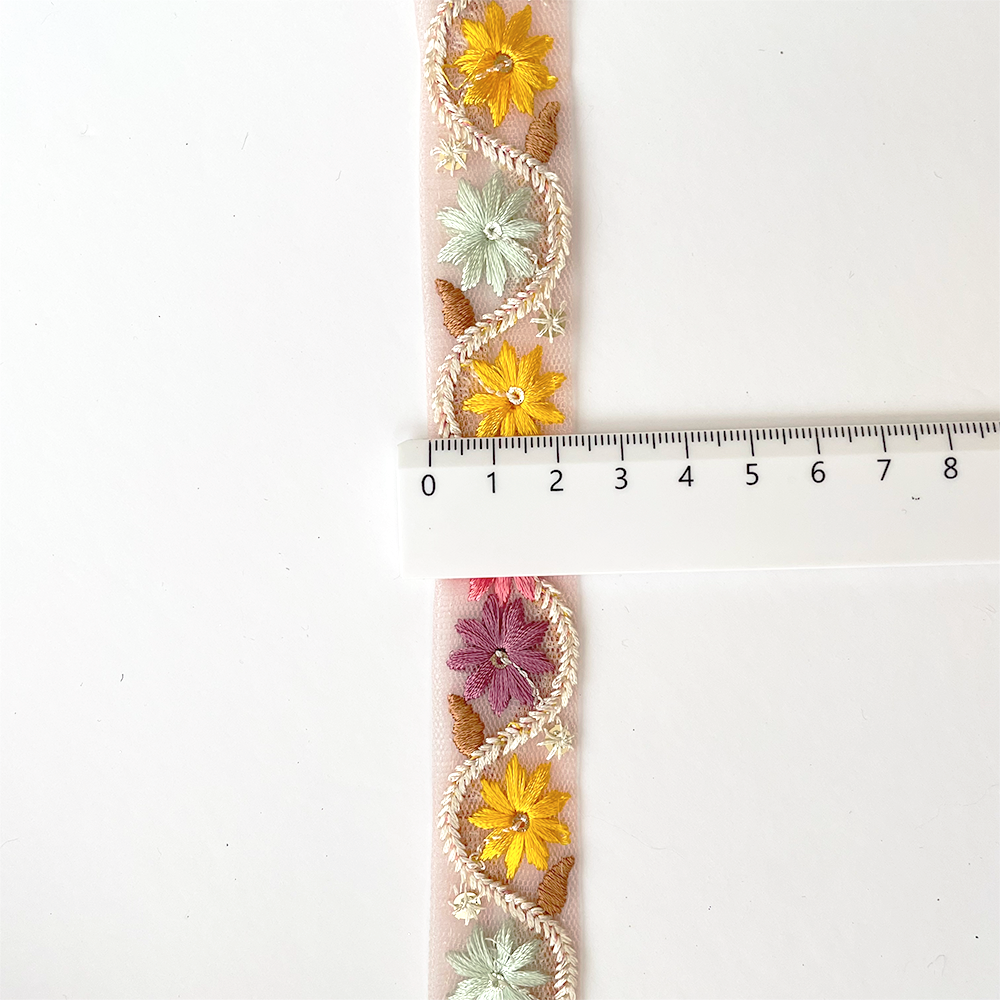 928 【 幅：2.5cm 】 インド刺繍リボン　ピンク　チュール　イエロー　パープル　ミント　ブラウン