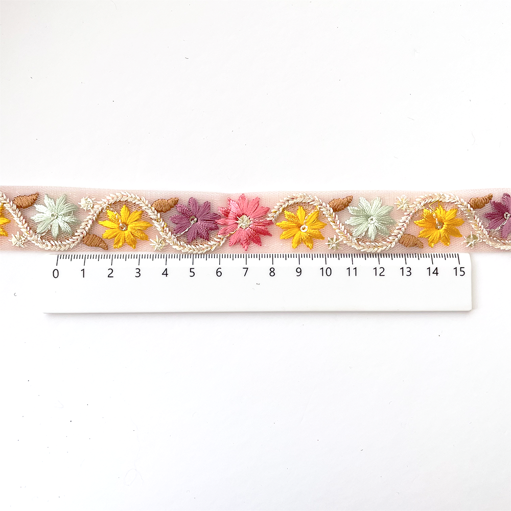 928 【 幅：2.5cm 】 インド刺繍リボン　ピンク　チュール　イエロー　パープル　ミント　ブラウン