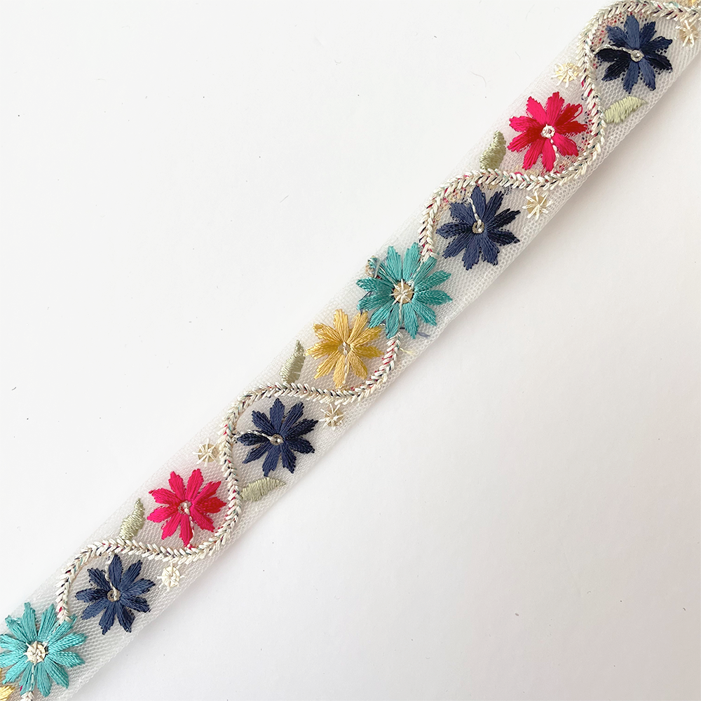 930 【 幅：2.5cm 】 インド刺繍リボン　ホワイト　ベビーグリーン　チュール　ブルー　ピンク　イエロー　ターコイ