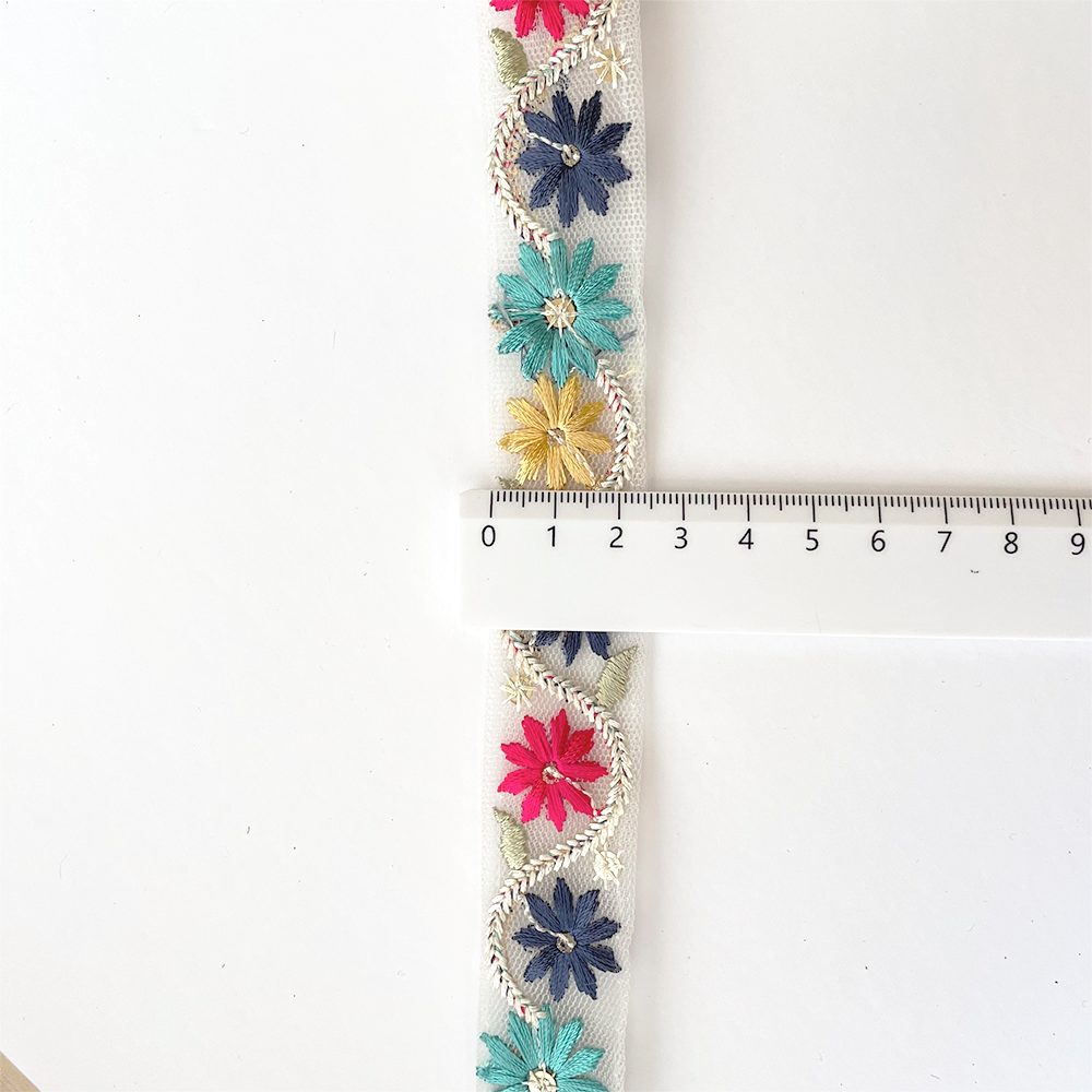 930 【 幅：2.5cm 】 インド刺繍リボン　ホワイト　ベビーグリーン　チュール　ブルー　ピンク　イエロー　ターコイ