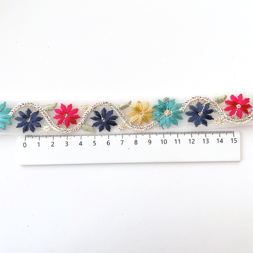 930 【 幅：2.5cm 】 インド刺繍リボン　ホワイト　ベビーグリーン　チュール　ブルー　ピンク　イエロー　ターコイ