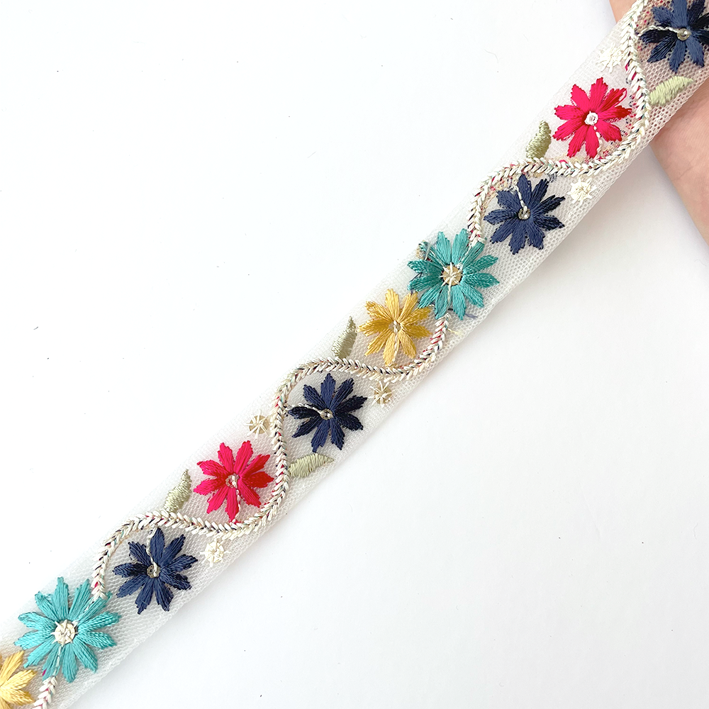 930 【 幅：2.5cm 】 インド刺繍リボン　ホワイト　ベビーグリーン　チュール　ブルー　ピンク　イエロー　ターコイ