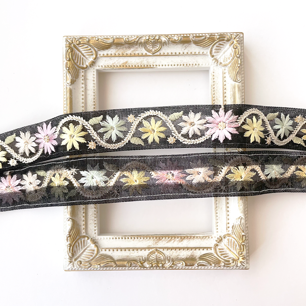 932 【 幅：2.5cm 】 インド刺繍リボン　ブラック　チュール　ベビーイエロー　ベビーピンク　ベビーミント