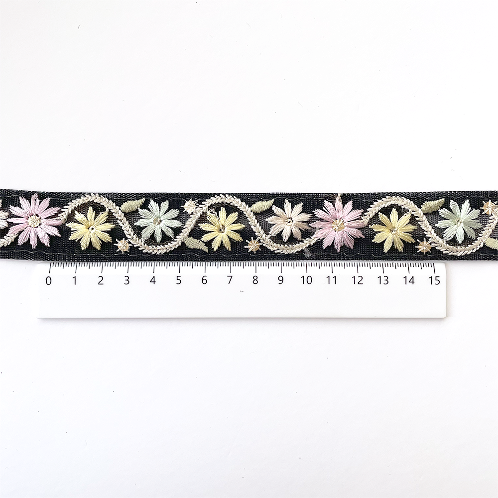 932 【 幅：2.5cm 】 インド刺繍リボン　ブラック　チュール　ベビーイエロー　ベビーピンク　ベビーミント
