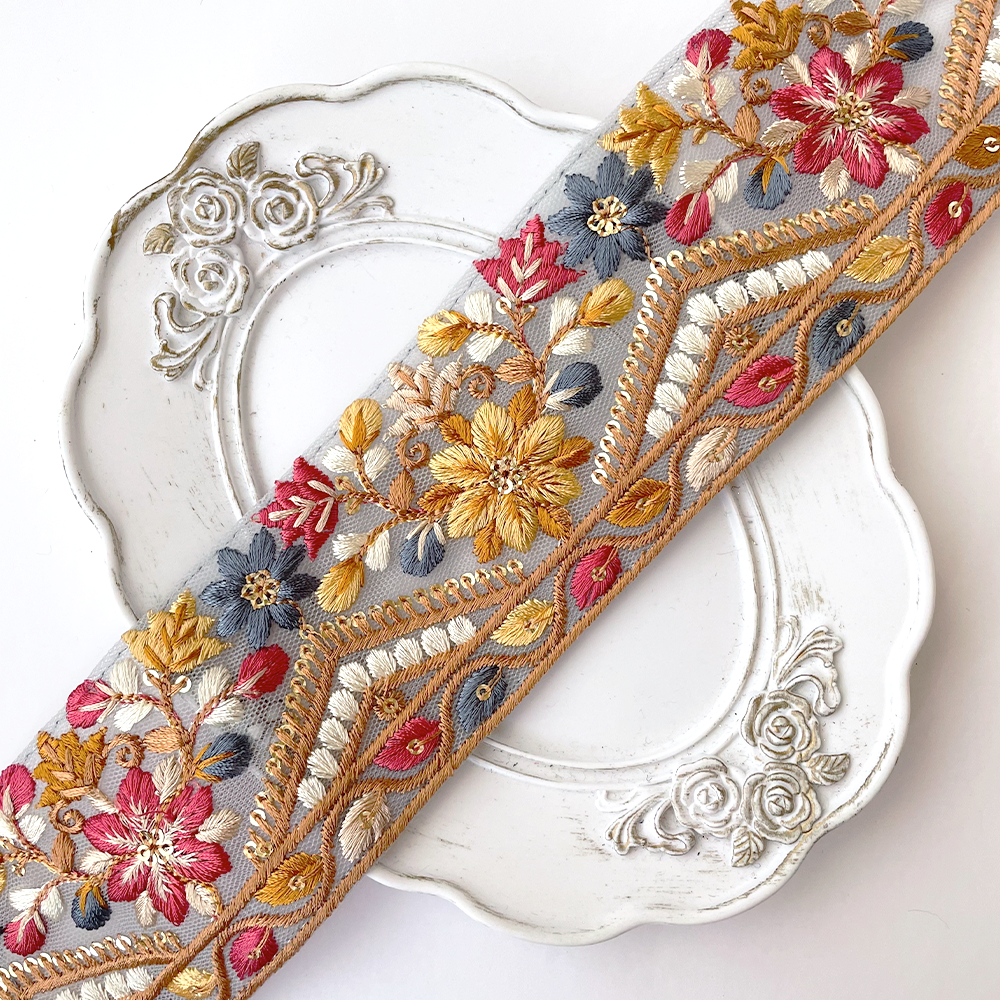 936 【 幅：6cm 】 インド刺繍リボン　ブルー　チュール　イエロー　レッド　ホワイト　ブラウン
