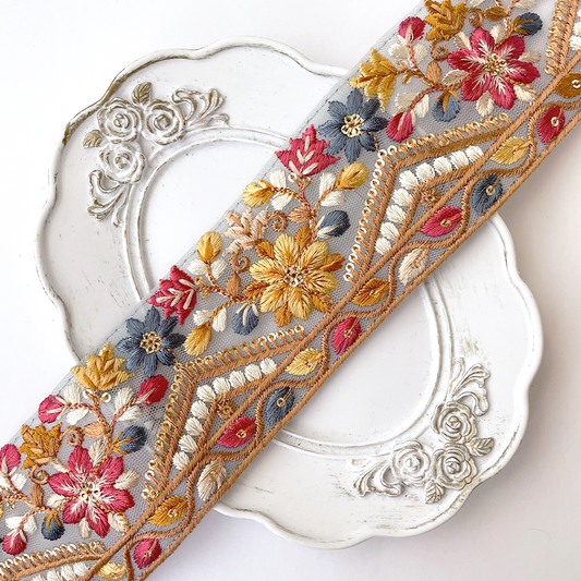 936 【 幅：6cm 】 インド刺繍リボン　ブルー　チュール　イエロー　レッド　ホワイト　ブラウン