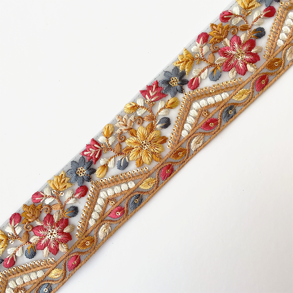 936 【 幅：6cm 】 インド刺繍リボン　ブルー　チュール　イエロー　レッド　ホワイト　ブラウン