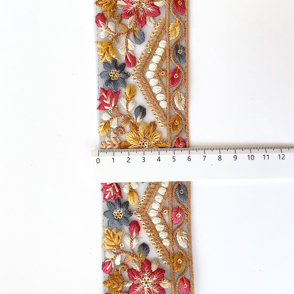 936 【 幅：6cm 】 インド刺繍リボン　ブルー　チュール　イエロー　レッド　ホワイト　ブラウン