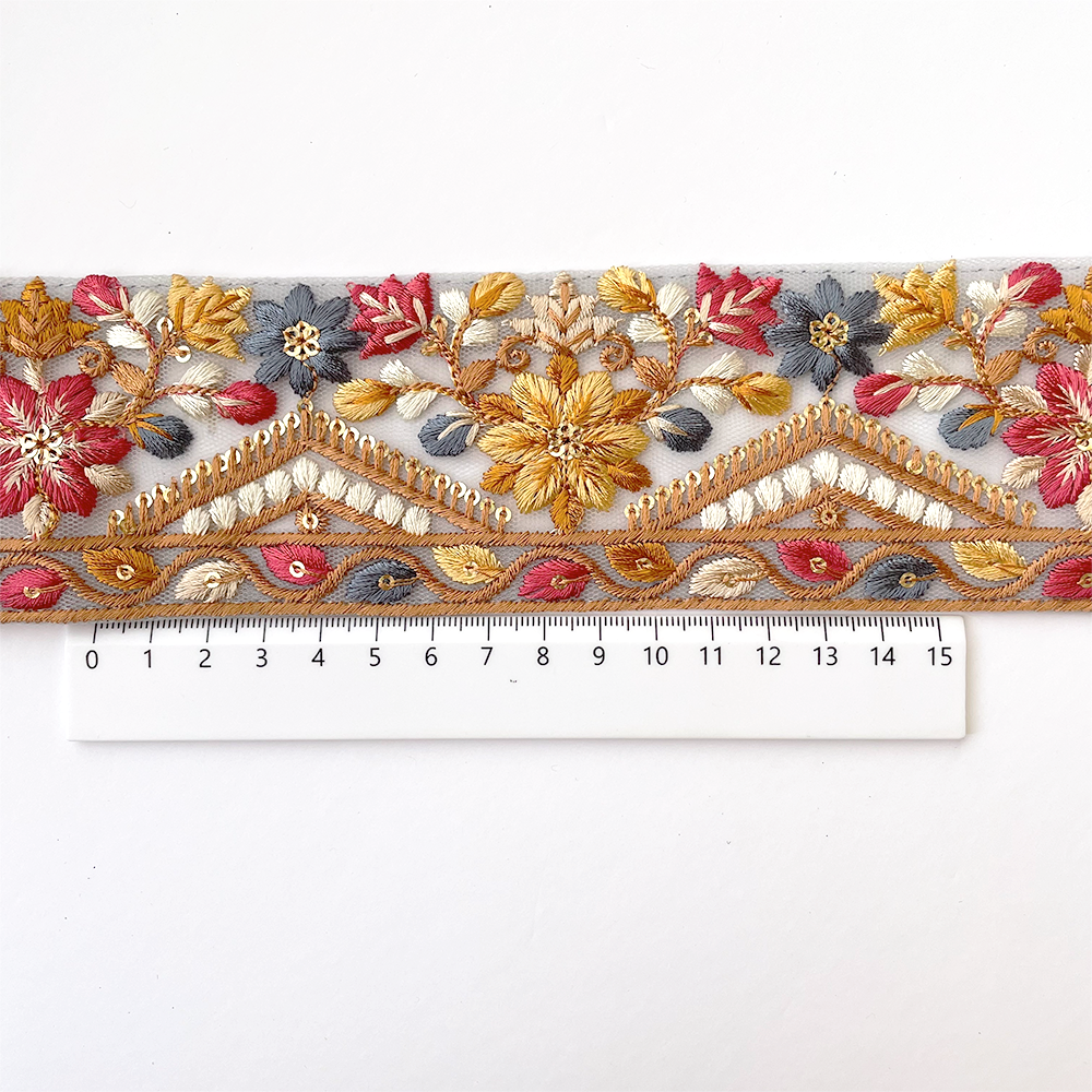 936 【 幅：6cm 】 インド刺繍リボン　ブルー　チュール　イエロー　レッド　ホワイト　ブラウン