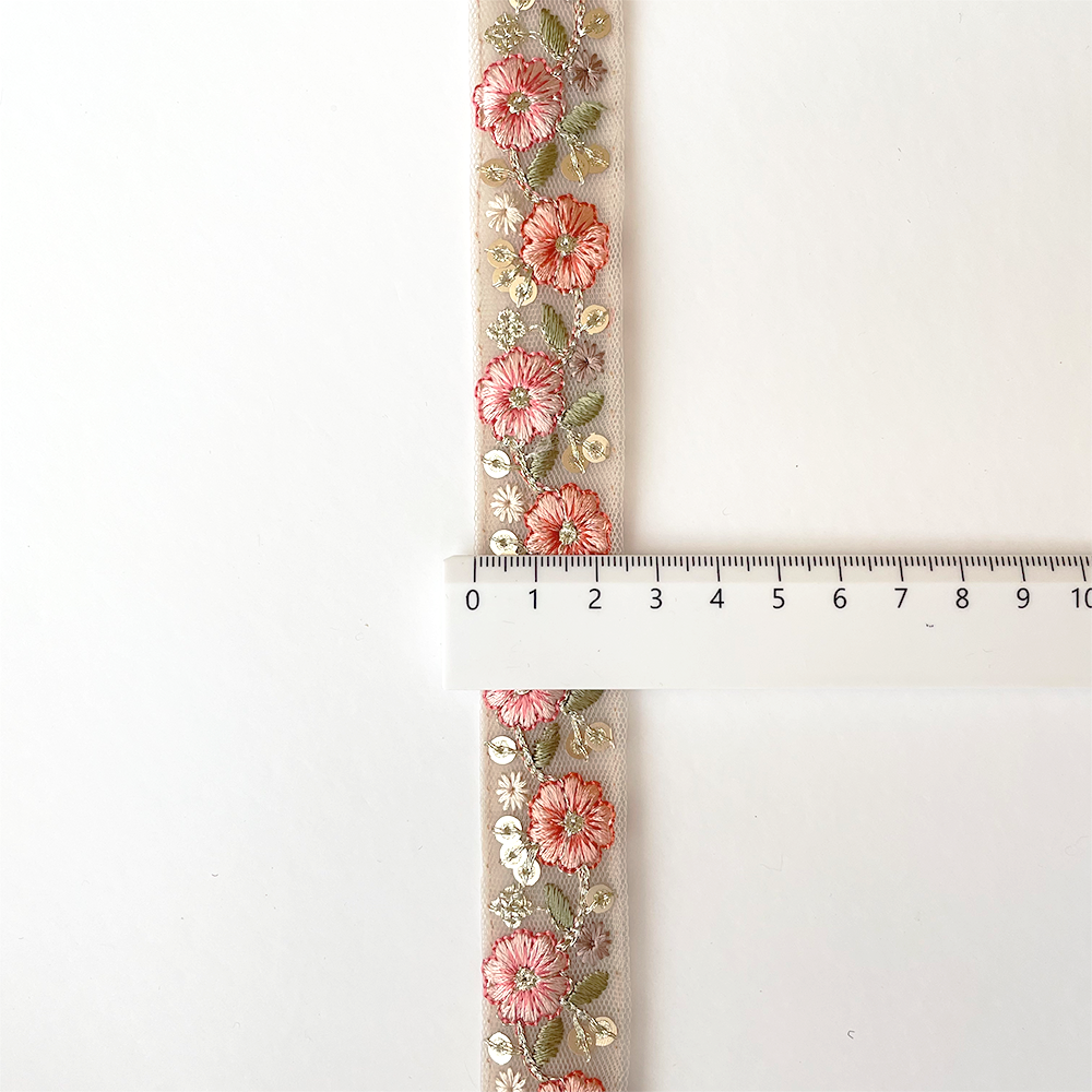 938 【 幅：2.5cm 】 インド刺繍リボン　ベージュ　チュール　ピンク　サーモン　グリーン