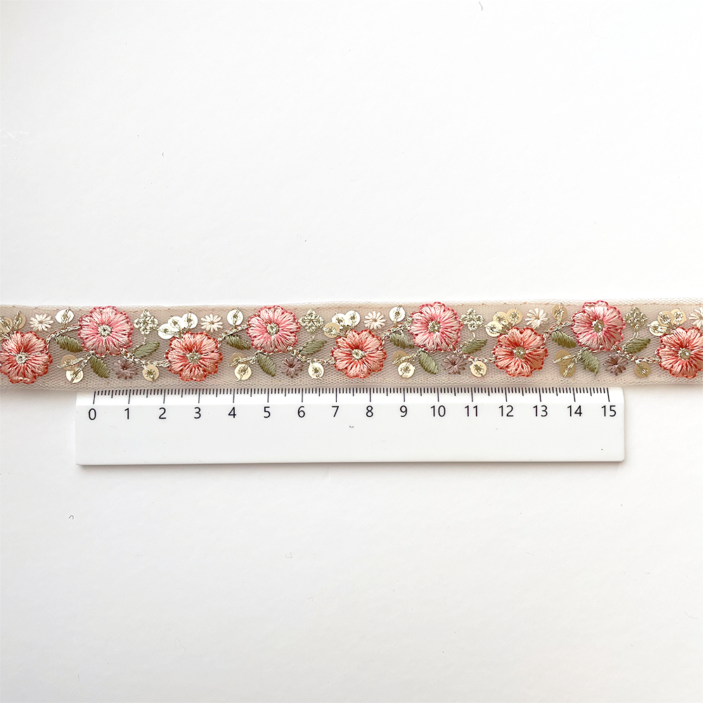 938 【 幅：2.5cm 】 インド刺繍リボン　ベージュ　チュール　ピンク　サーモン　グリーン
