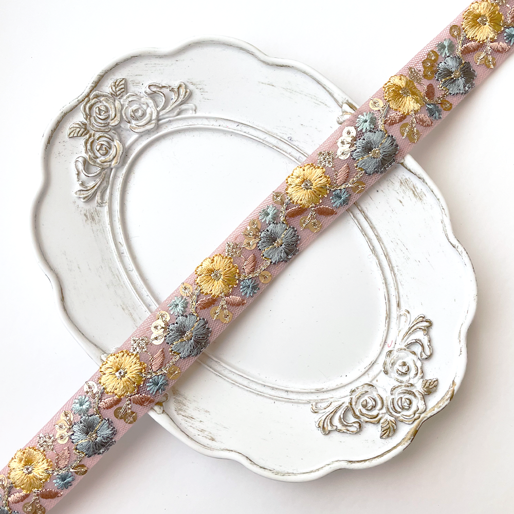 941 【 幅：2.5cm 】 インド刺繍リボン　ピンク　チュール　ブルー　イエロー　ブラウン
