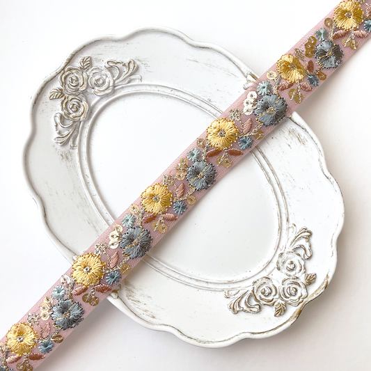 941 【 幅：2.5cm 】 インド刺繍リボン　ピンク　チュール　ブルー　イエロー　ブラウン