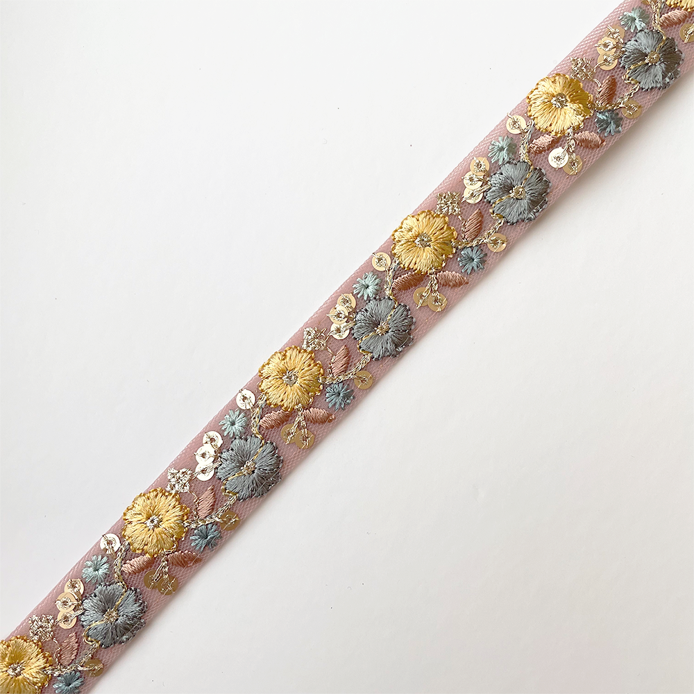 941 【 幅：2.5cm 】 インド刺繍リボン　ピンク　チュール　ブルー　イエロー　ブラウン