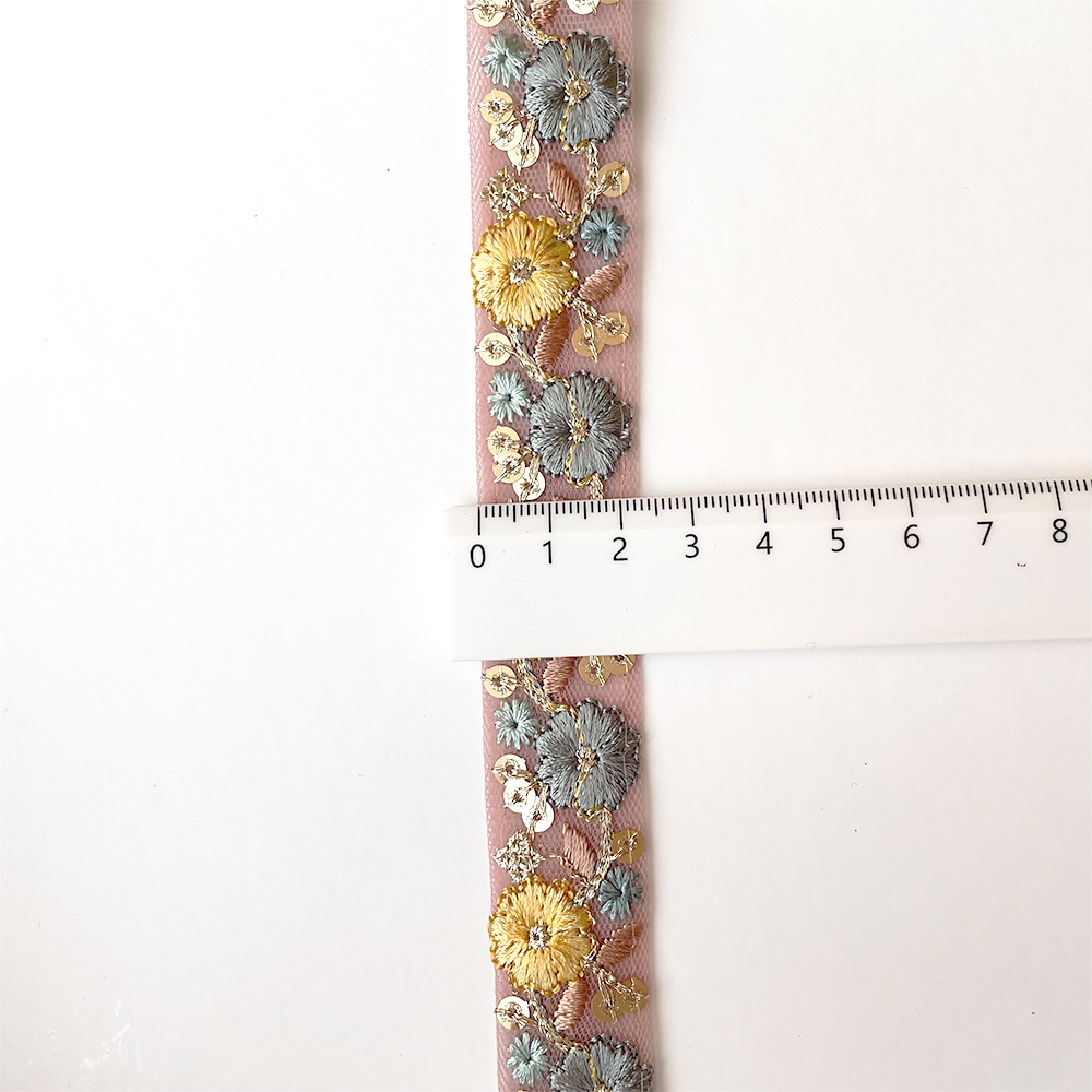 941 【 幅：2.5cm 】 インド刺繍リボン　ピンク　チュール　ブルー　イエロー　ブラウン