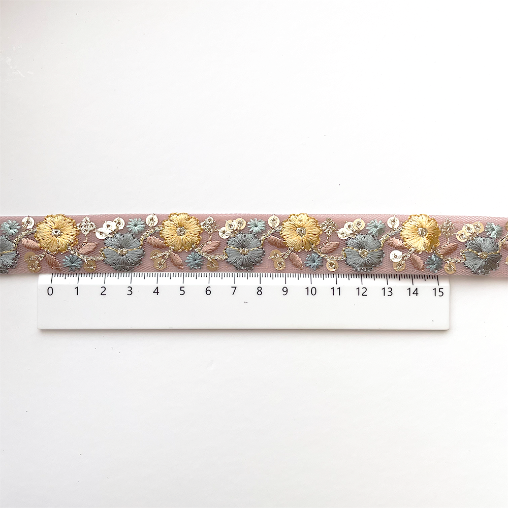 941 【 幅：2.5cm 】 インド刺繍リボン　ピンク　チュール　ブルー　イエロー　ブラウン
