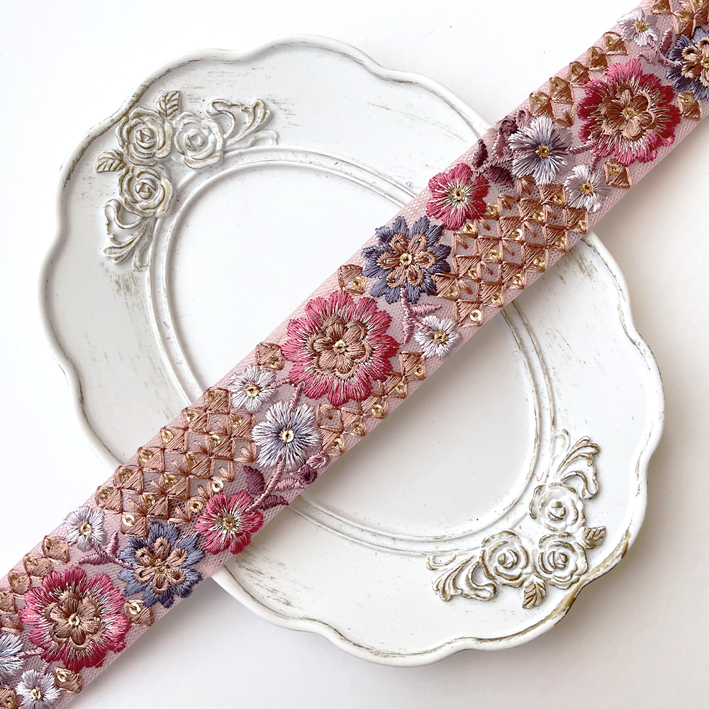 943 【 幅：3.5cm 】 インド刺繍リボン　ピンク　チュール　パープル　ブラウン