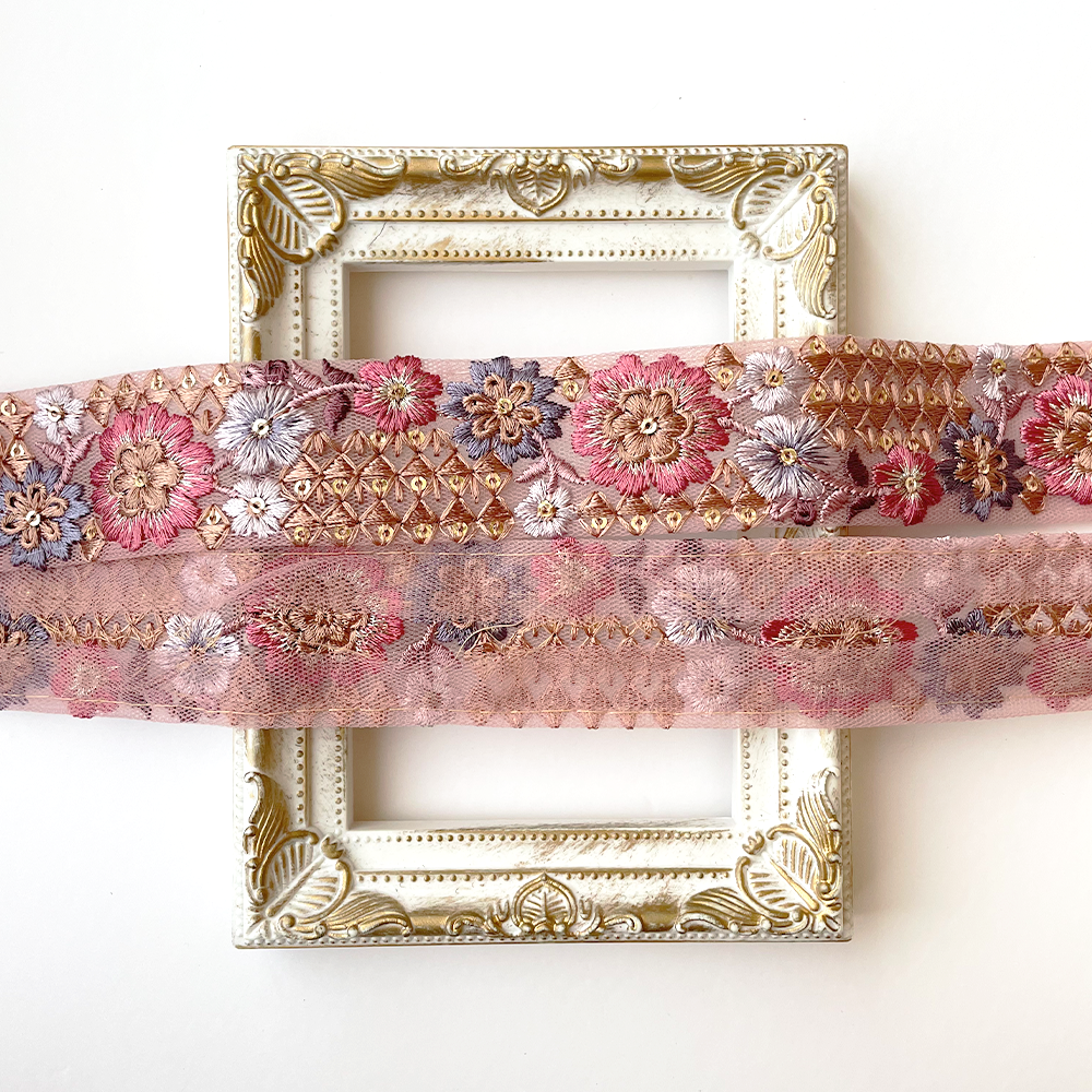 943 【 幅：3.5cm 】 インド刺繍リボン　ピンク　チュール　パープル　ブラウン
