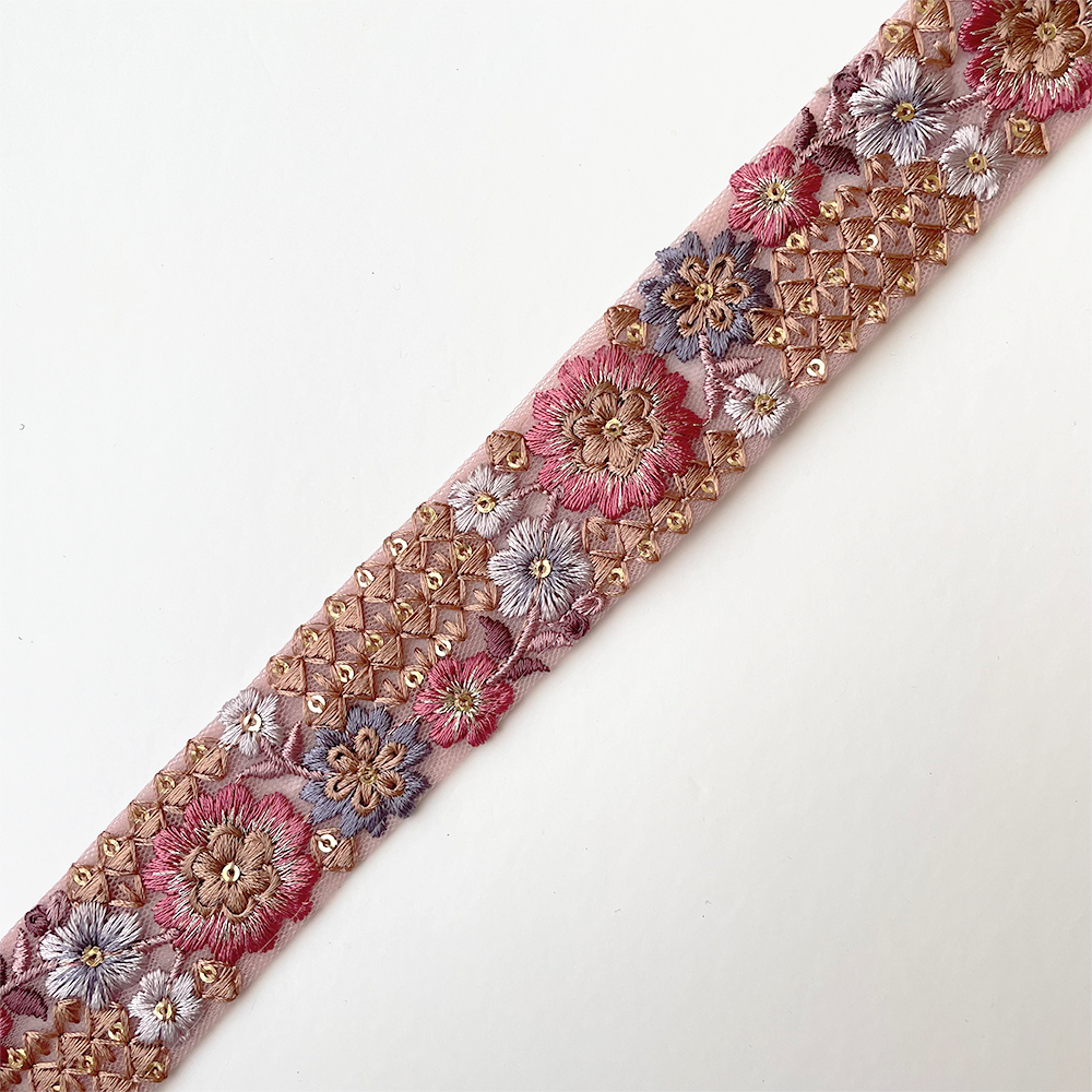 943 【 幅：3.5cm 】 インド刺繍リボン　ピンク　チュール　パープル　ブラウン