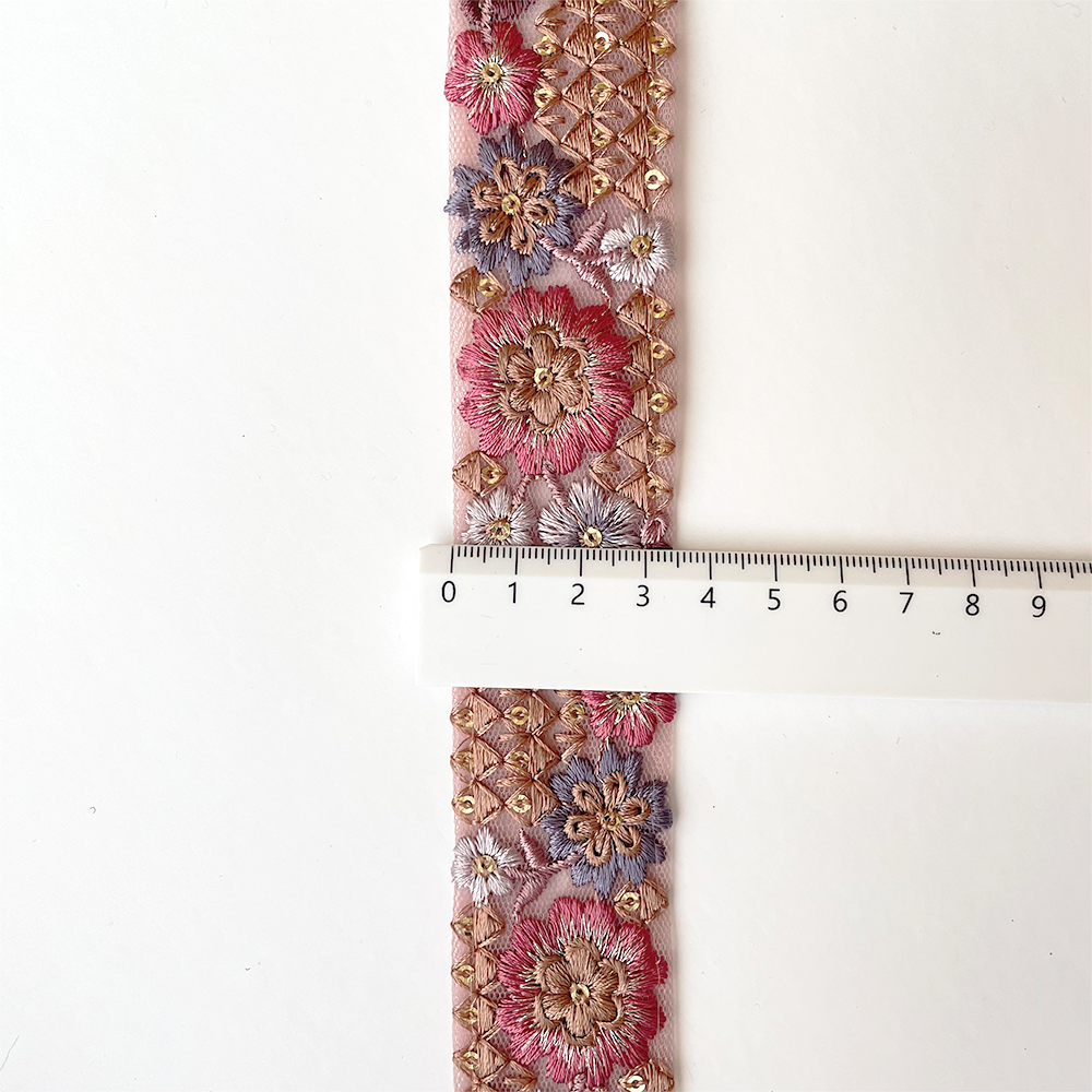943 【 幅：3.5cm 】 インド刺繍リボン　ピンク　チュール　パープル　ブラウン