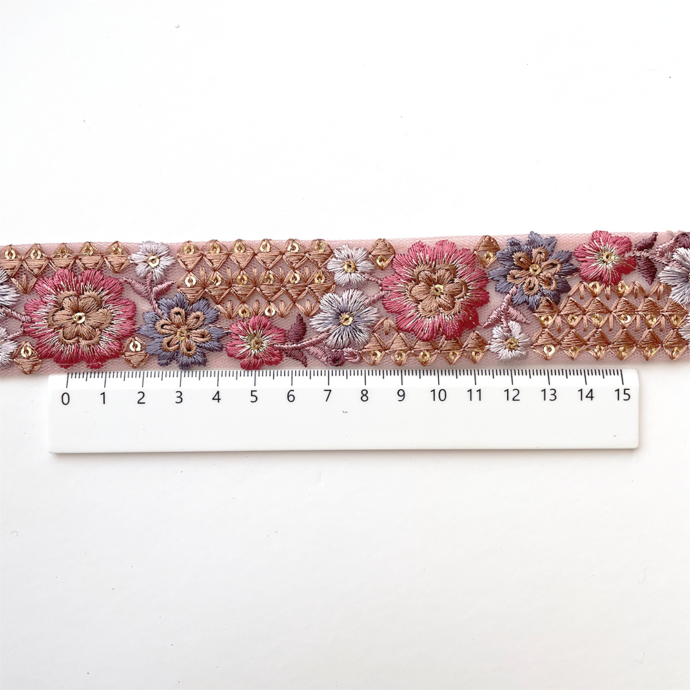 943 【 幅：3.5cm 】 インド刺繍リボン　ピンク　チュール　パープル　ブラウン
