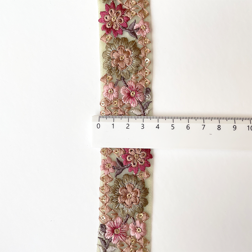 944 【 幅：3.5cm 】 インド刺繍リボン　グリーン　チュール　ブラウン　ピンク　椿色