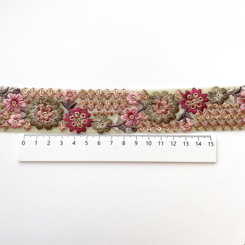 944 【 幅：3.5cm 】 インド刺繍リボン　グリーン　チュール　ブラウン　ピンク　椿色