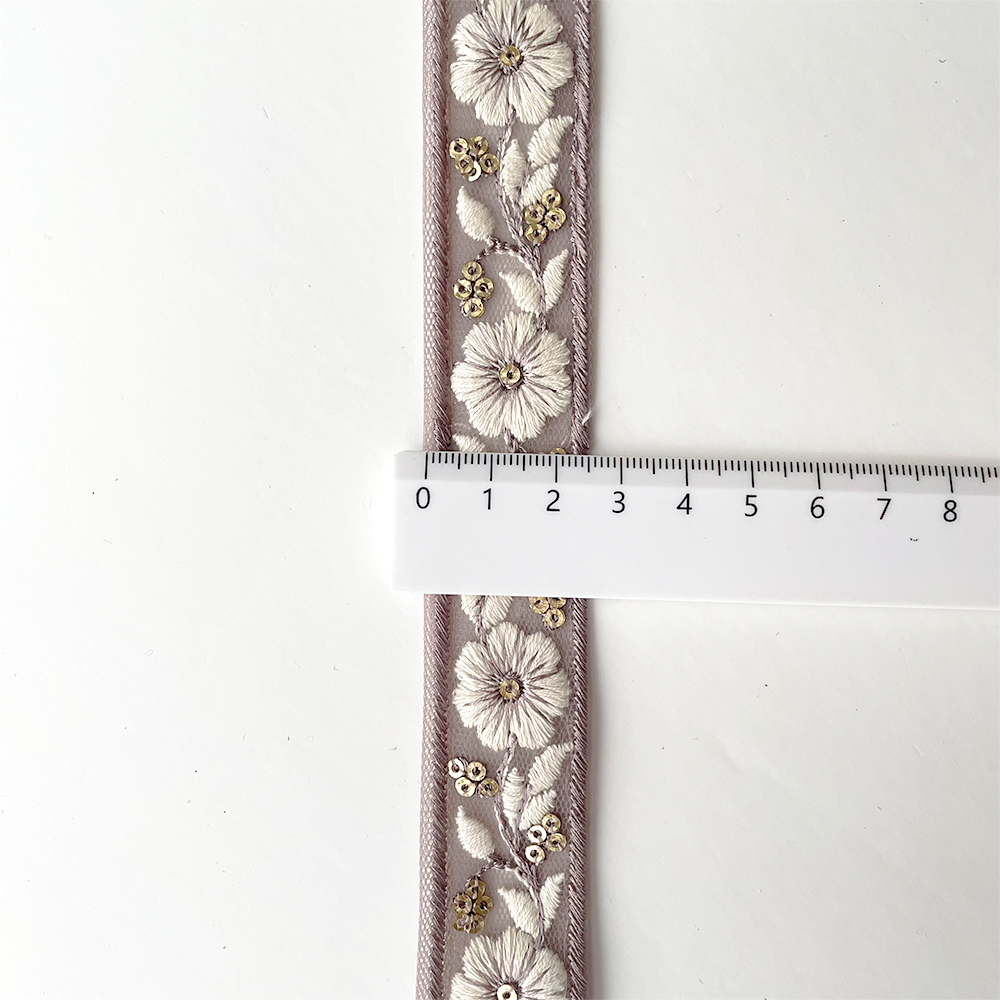 955 【 幅：2.5cm 】 インド刺繍リボン　パープル　チュール　ホワイト