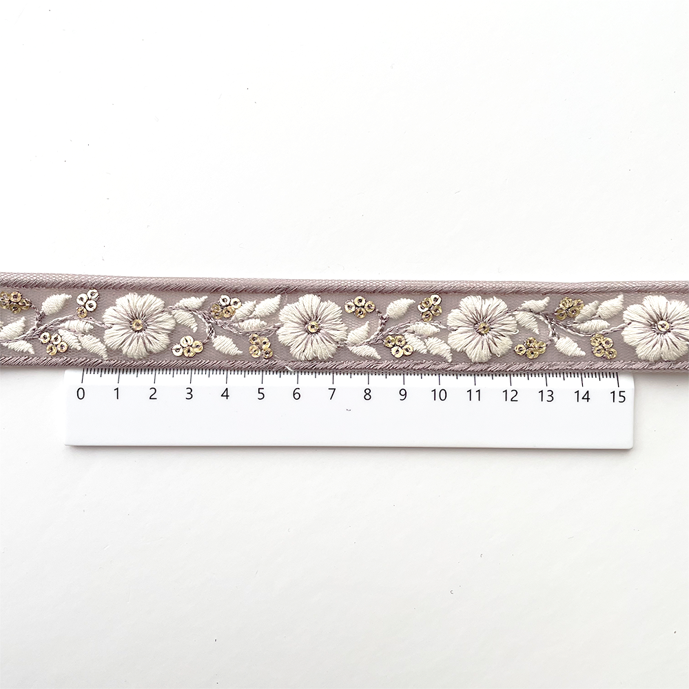 955 【 幅：2.5cm 】 インド刺繍リボン　パープル　チュール　ホワイト