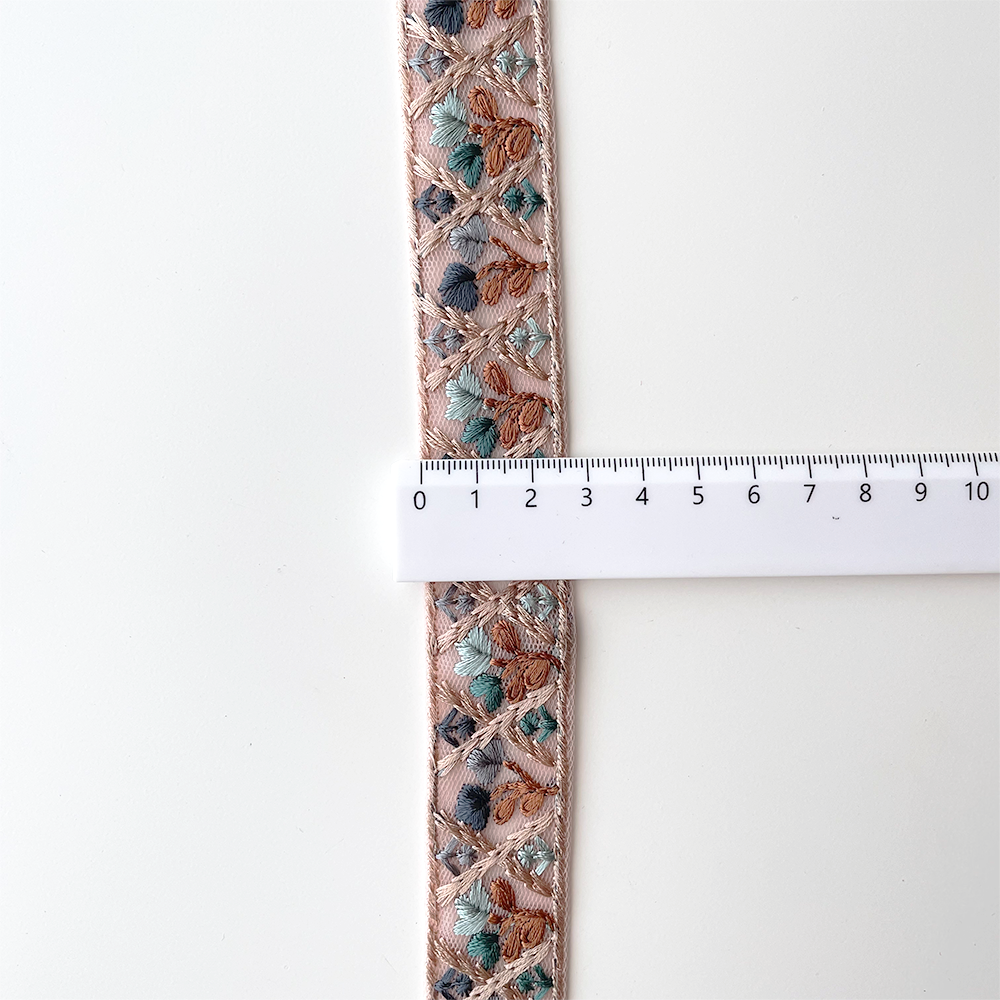 975 【 幅：2.5cm 】 インド刺繍リボン　ピンク　チュール　ターコイズ　ブラウン　ブルー　グリーン