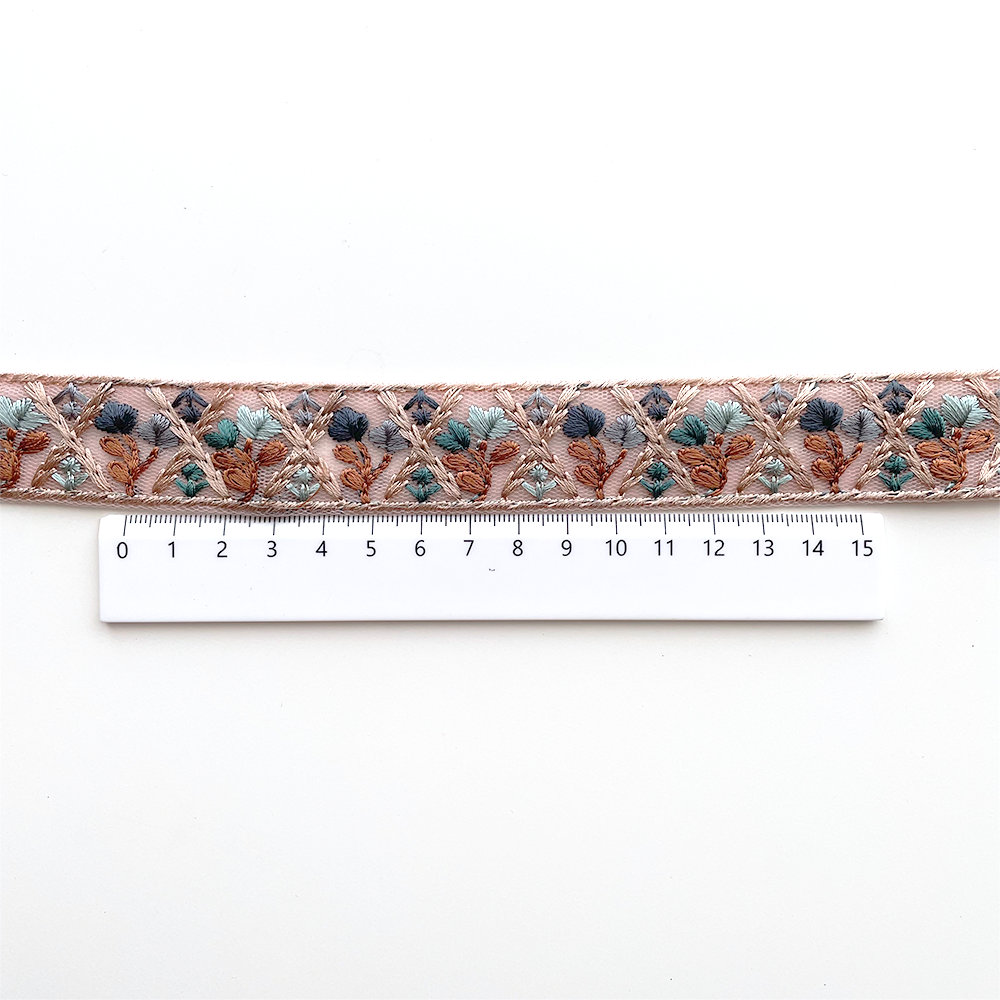 975 【 幅：2.5cm 】 インド刺繍リボン　ピンク　チュール　ターコイズ　ブラウン　ブルー　グリーン