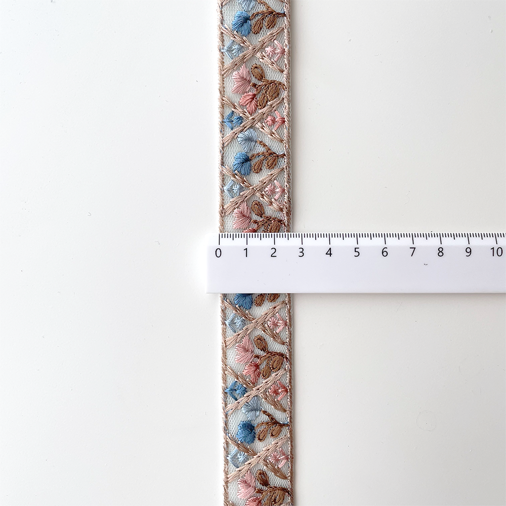 977 【 幅：2.5cm 】 インド刺繍リボン　ブルー　チュール　ピンク　ブラウン　ベージュ