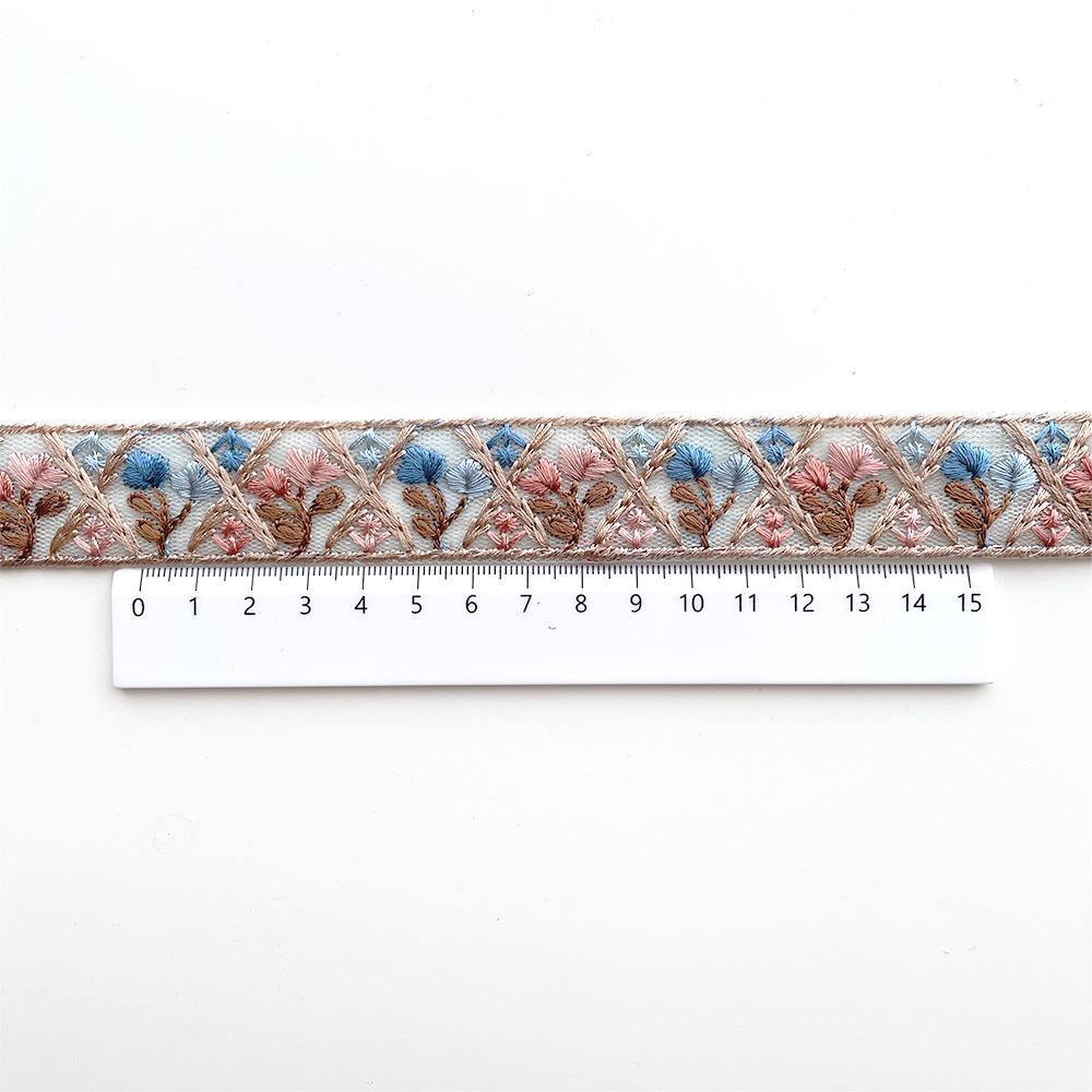 977 【 幅：2.5cm 】 インド刺繍リボン　ブルー　チュール　ピンク　ブラウン　ベージュ