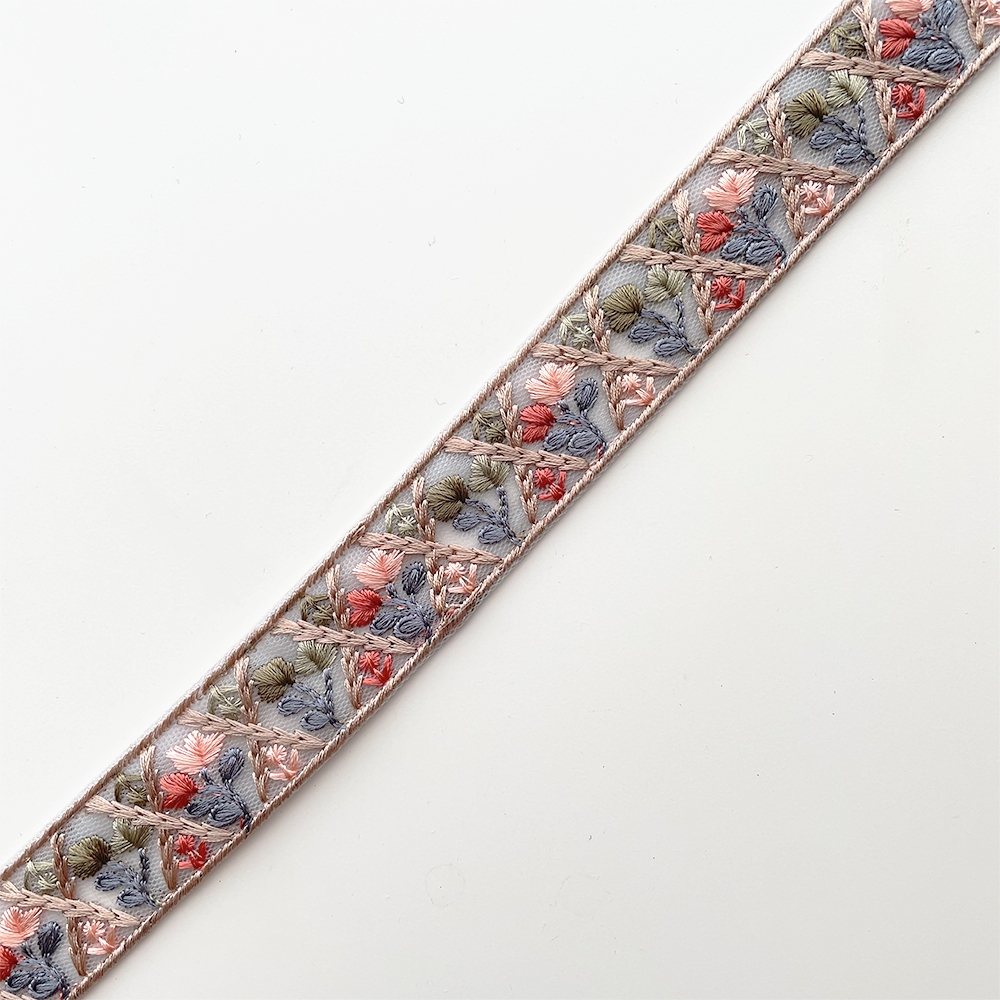 978 【 幅：2.5cm 】 インド刺繍リボン　ブルー　チュール　オレンジ　グリーン　ブルー