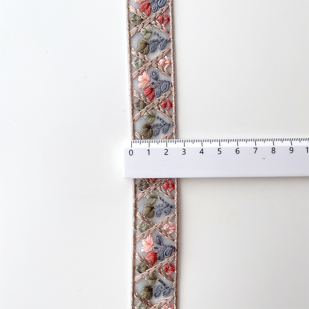 978 【 幅：2.5cm 】 インド刺繍リボン　ブルー　チュール　オレンジ　グリーン　ブルー