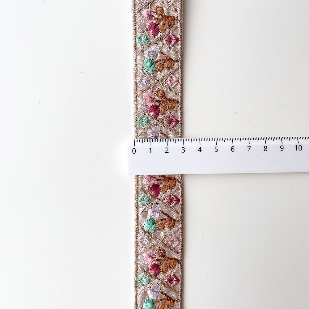 979 【 幅：3cm 】 インド刺繍リボン　ベージュ　布地　ミント　ブラウン　ピンク