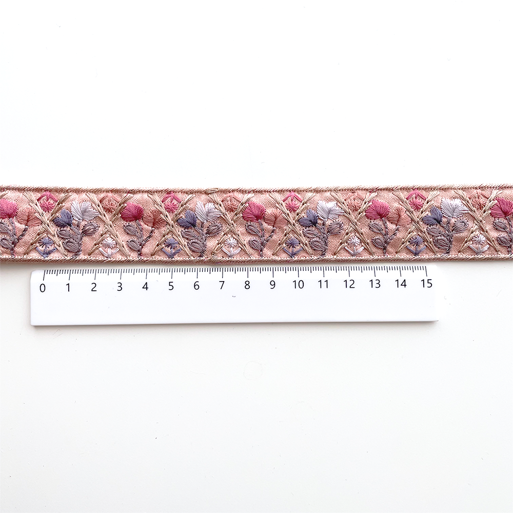 980 【 幅：3cm 】 インド刺繍リボン　ピンク　布地　パープル　ベージュ