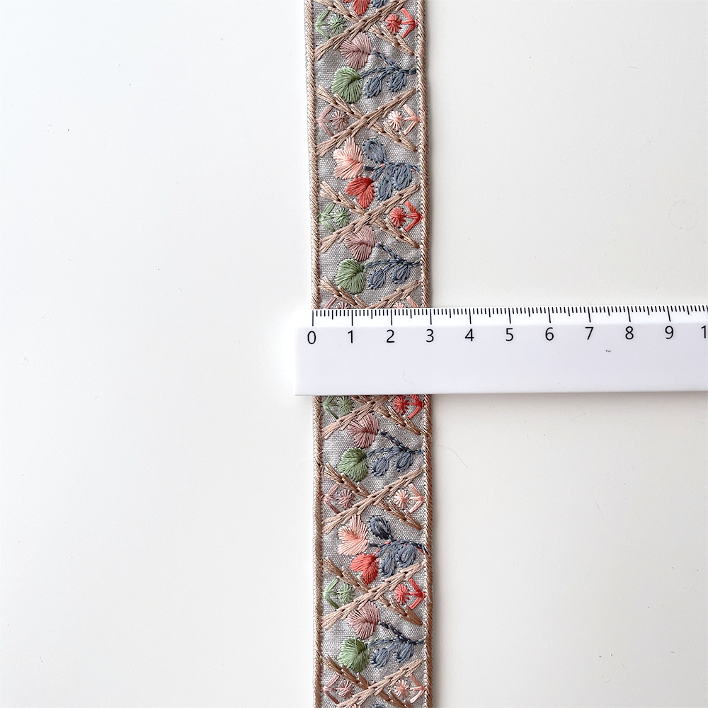 982 【 幅：3cm 】 インド刺繍リボン　ブルー　布地　オレンジ　ピンク　ベージュ　グリーン